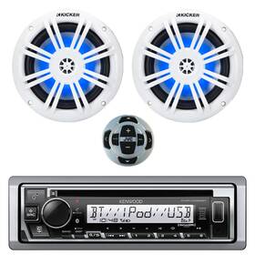 Kenwood - Kicker Kmrd382bt-rmrk62m-49km604wl Single Din Marine Bluetooth Radio Cd Receiver Remote 2x 6.5 Inch 150w Led Speakers