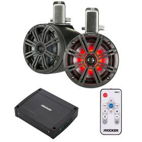 45kmtc65-48kxma4002-41kmlc Kicker 2x 6.5 Inch 195w Marine Led Black Tower Speaker Charcoal Grille Amp Remote