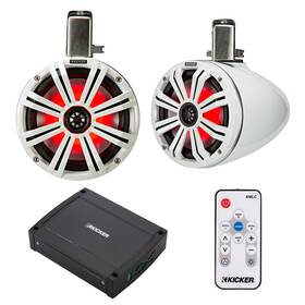 45kmtc8w-48kxma4002-41kmlc Kicker 2x 8 Inch 300w Marine Led White Tower Speakers Charcoal Grilles Amp Remote