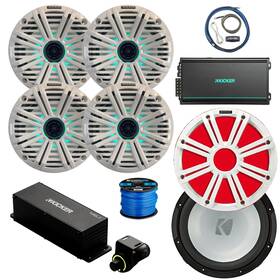 Kicker 840440928560 4x 6.5 Inch Marine Led Speaker White Salt Grille Amp Kit Sub Remote Wire