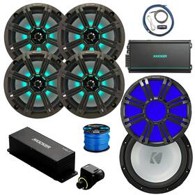 Kicker 840440928591 4x 8 Inch Marine Led Speakers Grille Amp With Kit Sub Remote Wire
