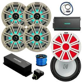 Kicker 840440928645 4x 8 Inch 300w Marine Led Speaker White Grille Amp With Kit Sub Remote Wire Kicker 840440928645 4x 8 Inch 300w Marine Led Speaker White Grille Amp With Kit Sub Remote Wire