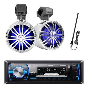 Plmrb29b-bt33cr-20b Pyle Marine Radio 2x 3.5 Inch 40w Bluetooth Led Off-road Chrome Speakers Antenna